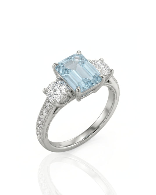 Étoile Trinity emerald cut Aquamarine three-stone diamond ring setting in White Gold, 45-degree view | SARATTI