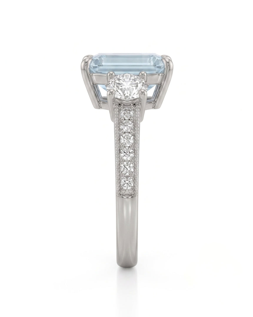 Étoile Trinity emerald cut Aquamarine three-stone diamond ring setting in White Gold, side profile | SARATTI