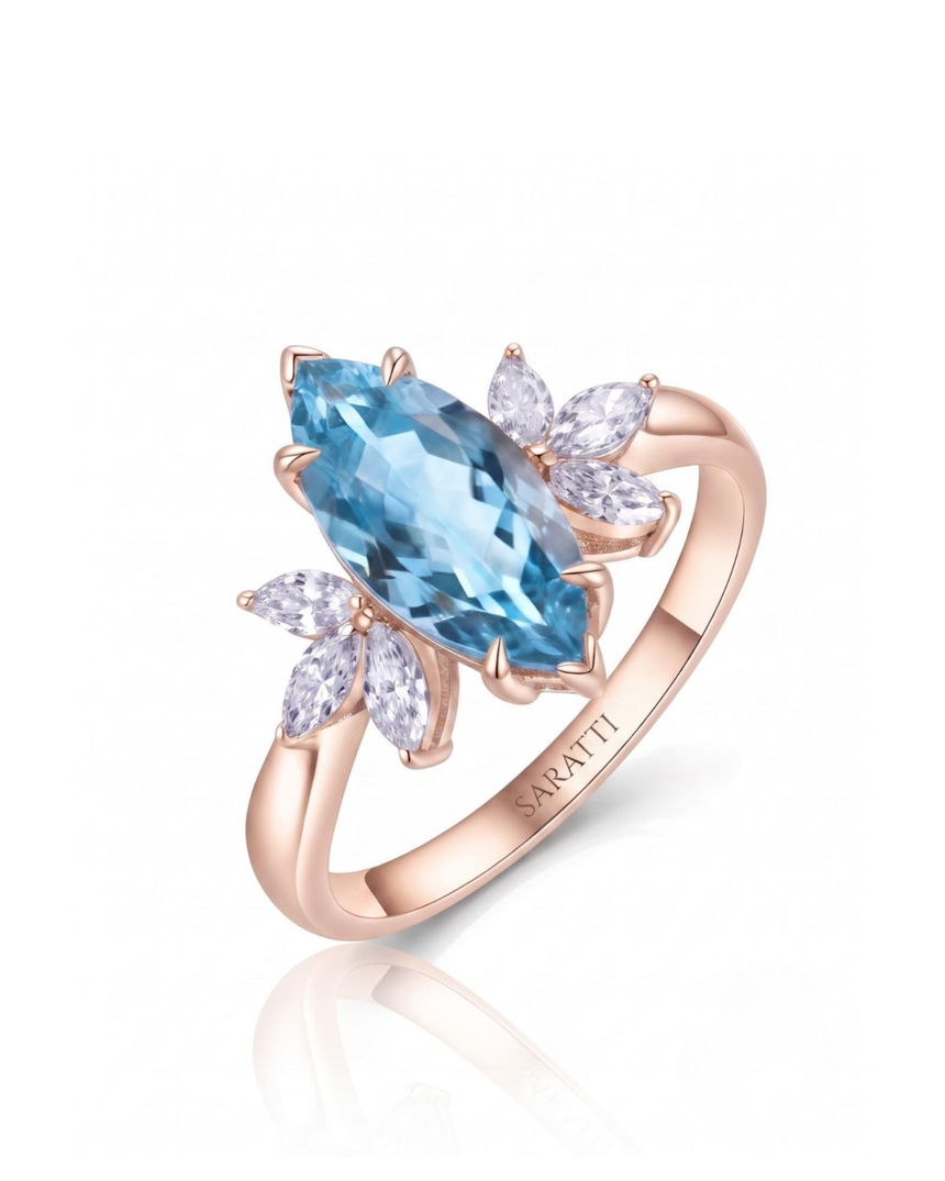 FLEURIS marquise cut Aquamarine floral diamond ring setting in Rose Gold, 45-degree view | SARATTI
