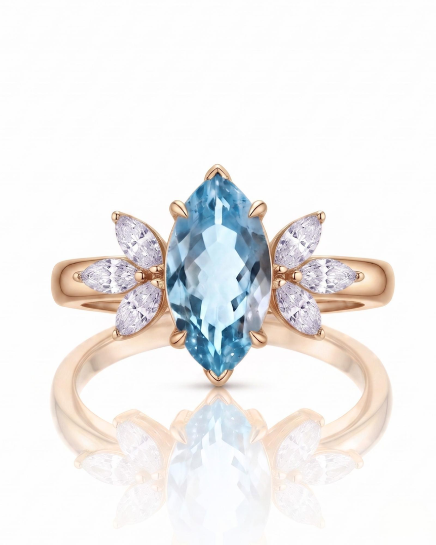 FLEURIS marquise cut Aquamarine floral diamond ring setting in Rose Gold, front view | SARATTI