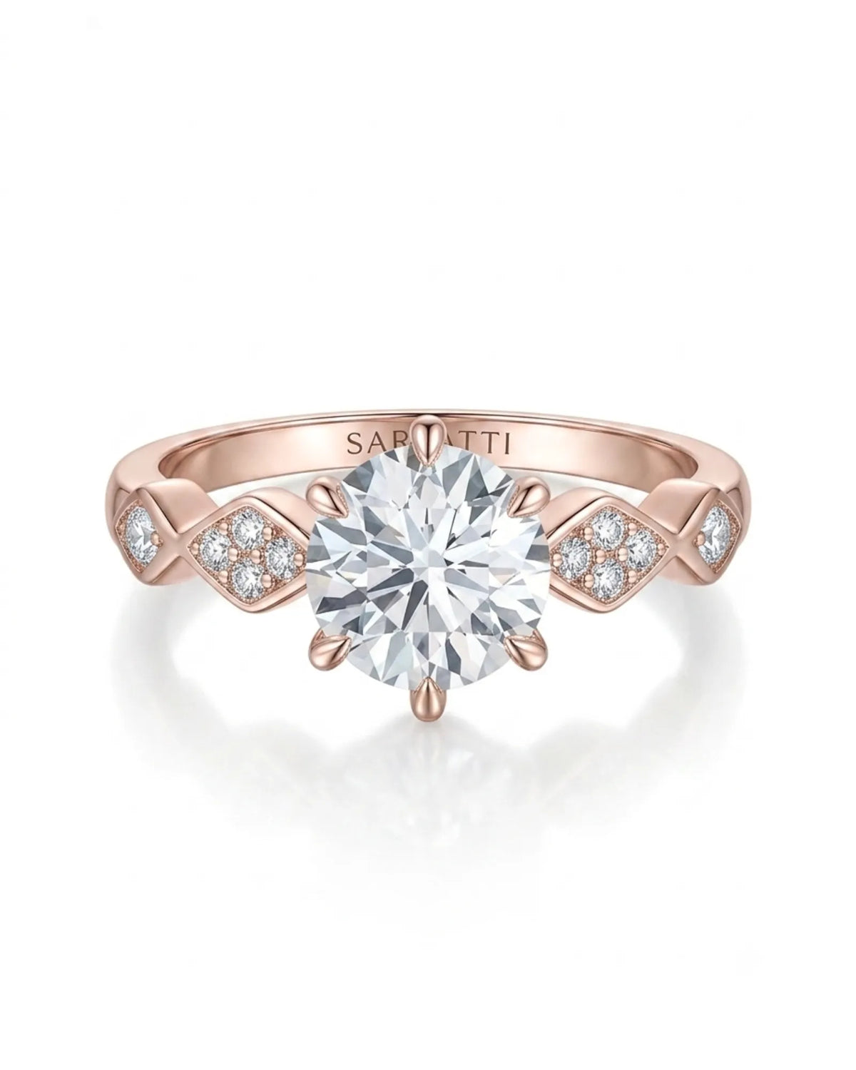 Florence 1 carat round natural diamond engagement ring in 18K rose gold, front view of geometric diamond shoulders | SARATTI