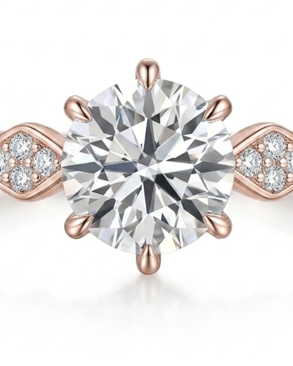 Florence 1 carat round natural diamond engagement ring in 18K rose gold, macro detail of geometric round diamond shoulders | SARATTI