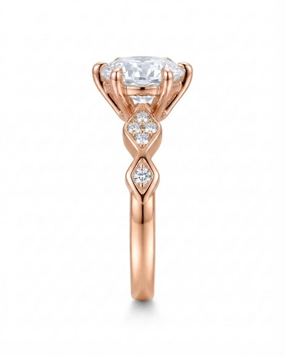 Florence 1 carat round natural diamond engagement ring in 18K rose gold, side profile showing six-prong crown | SARATTI