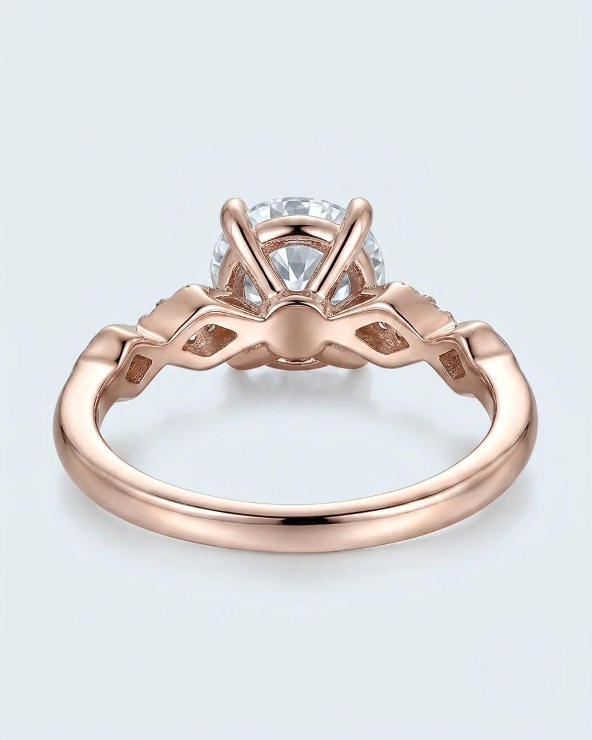 Florence 1 carat round natural diamond engagement ring in 18K rose gold, underside and open geometric gallery view | SARATTI