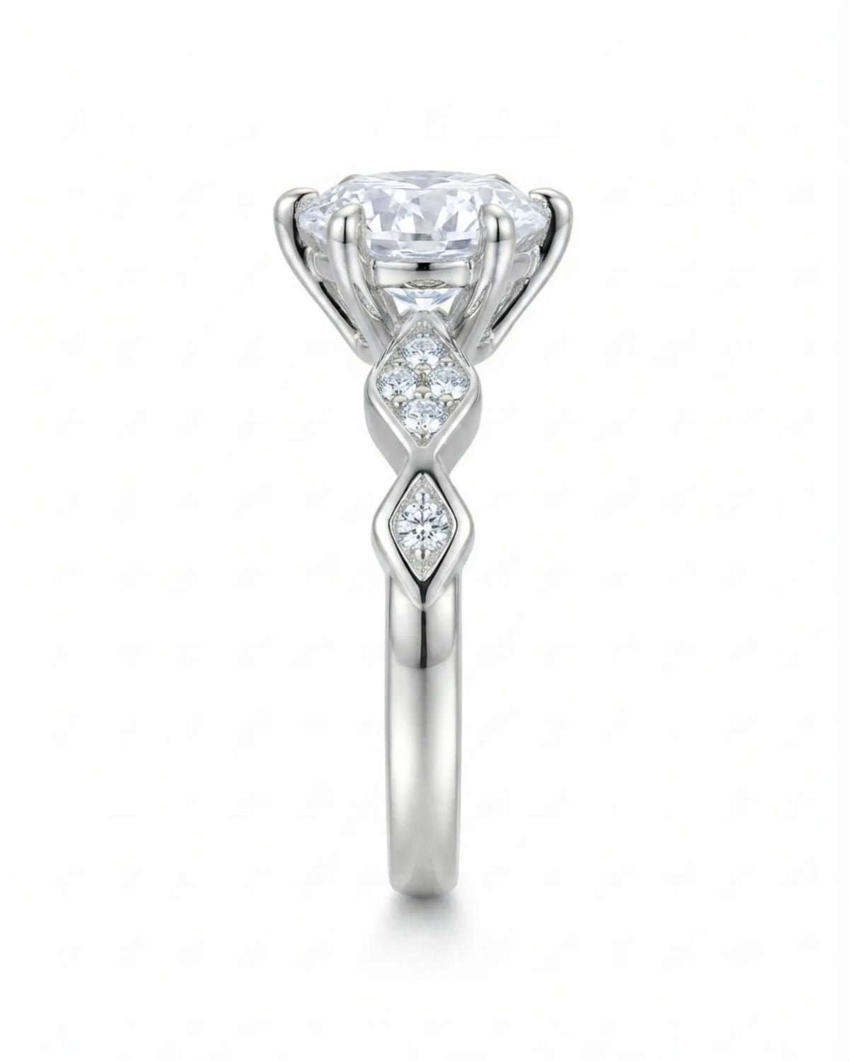 Florence 1 carat round natural diamond engagement ring in 18K white gold, side profile showing six-prong crown | SARATTI