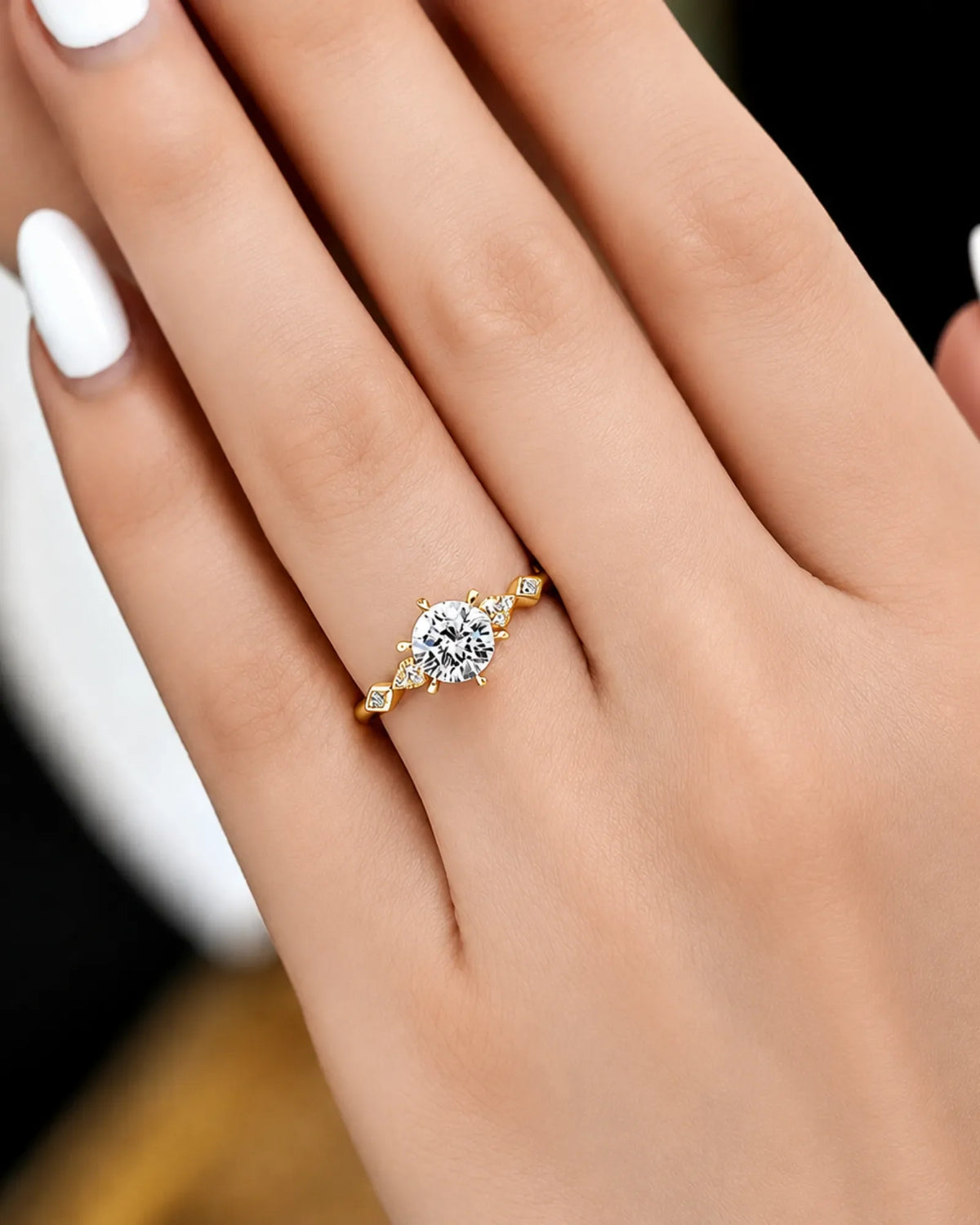 Florence 1 carat round natural diamond geometric engagement ring in 18K yellow gold, worn on hand | SARATTI