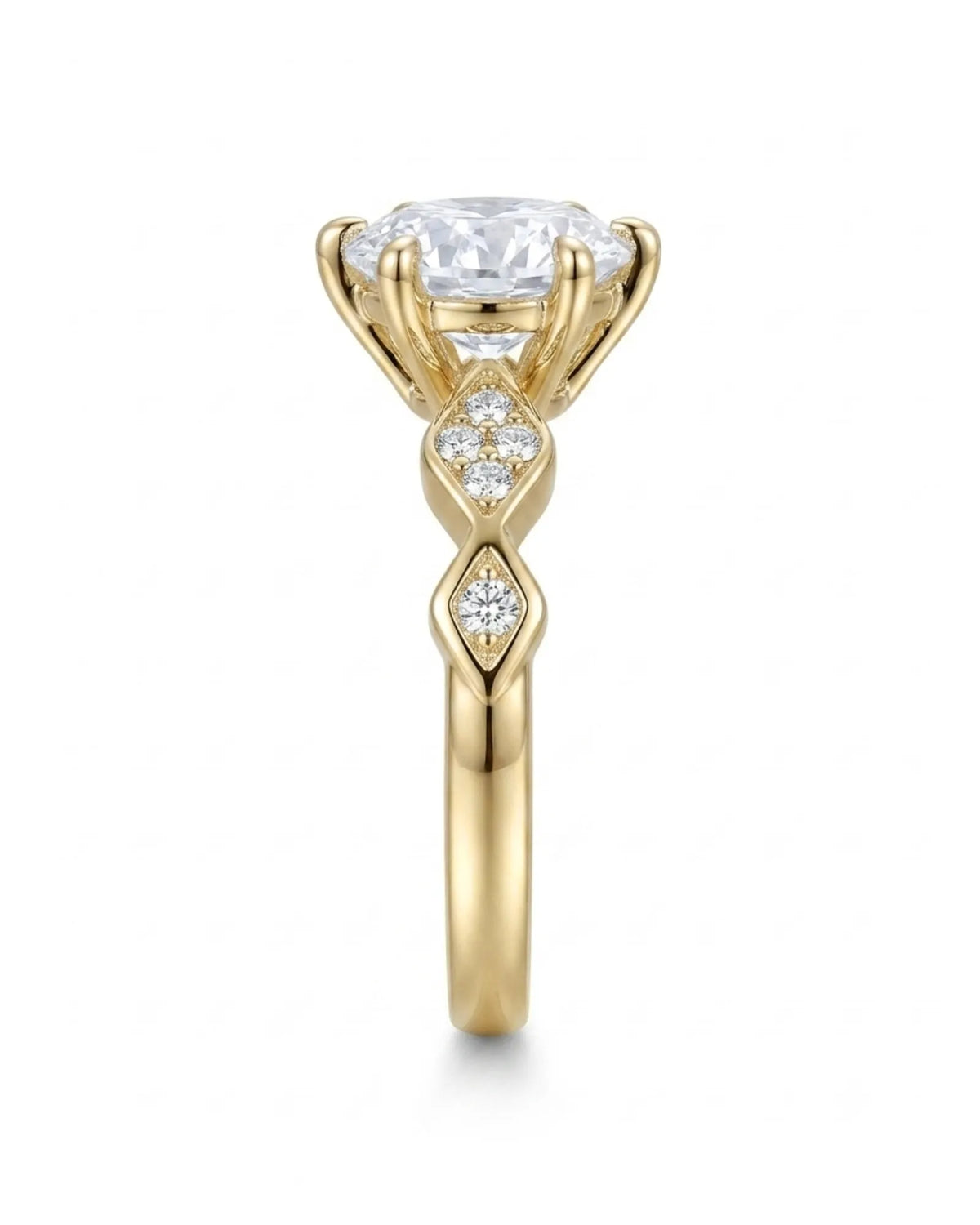 Florence 1 carat round natural diamond engagement ring in 18K yellow gold, side profile showing six-prong crown | SARATTI