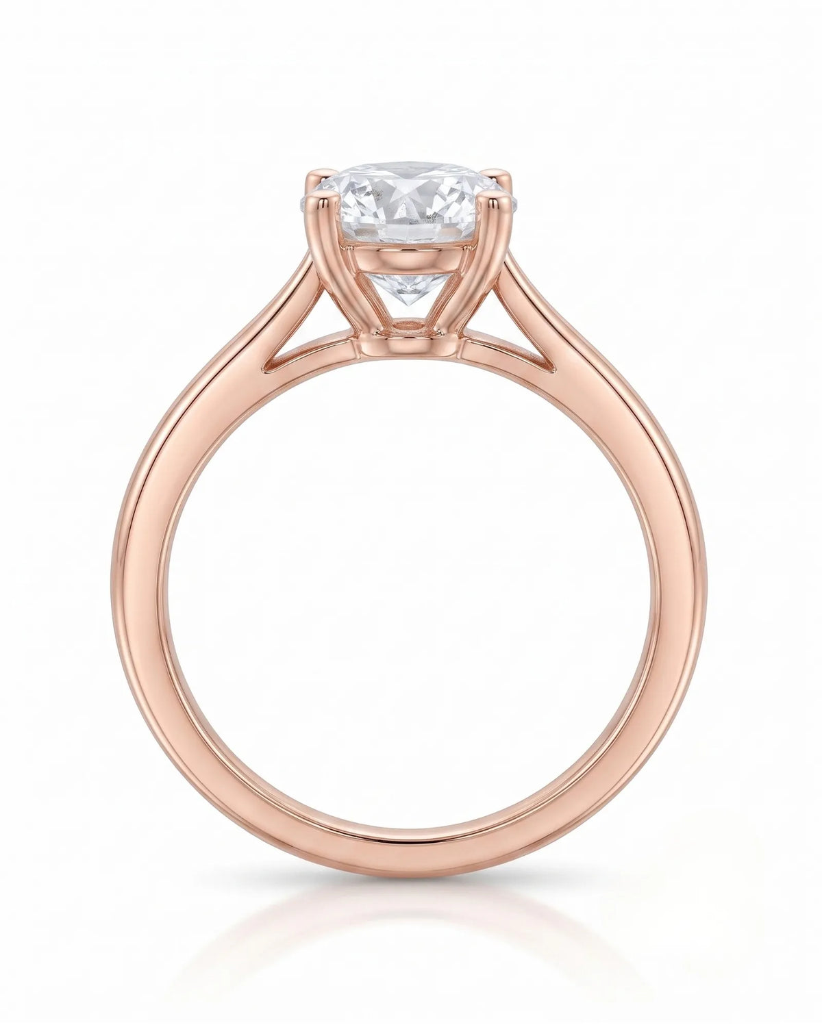 FORIA 1 carat round natural diamond sculpted solitaire ring in 18K rose gold, side profile showing open gallery | SARATTI