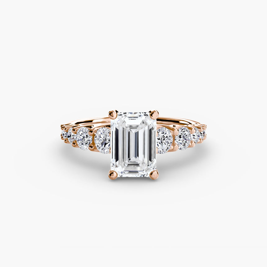 GRADIA Emerald Cut graduated accent solitaire ring setting in Rose Gold | SARATTI