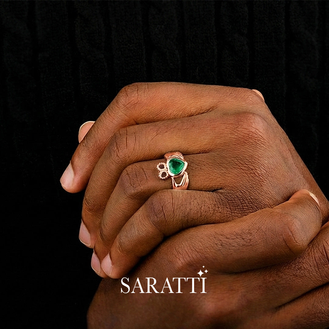 heart shape emerald claddagh ring rose gold crown design | SARATTI