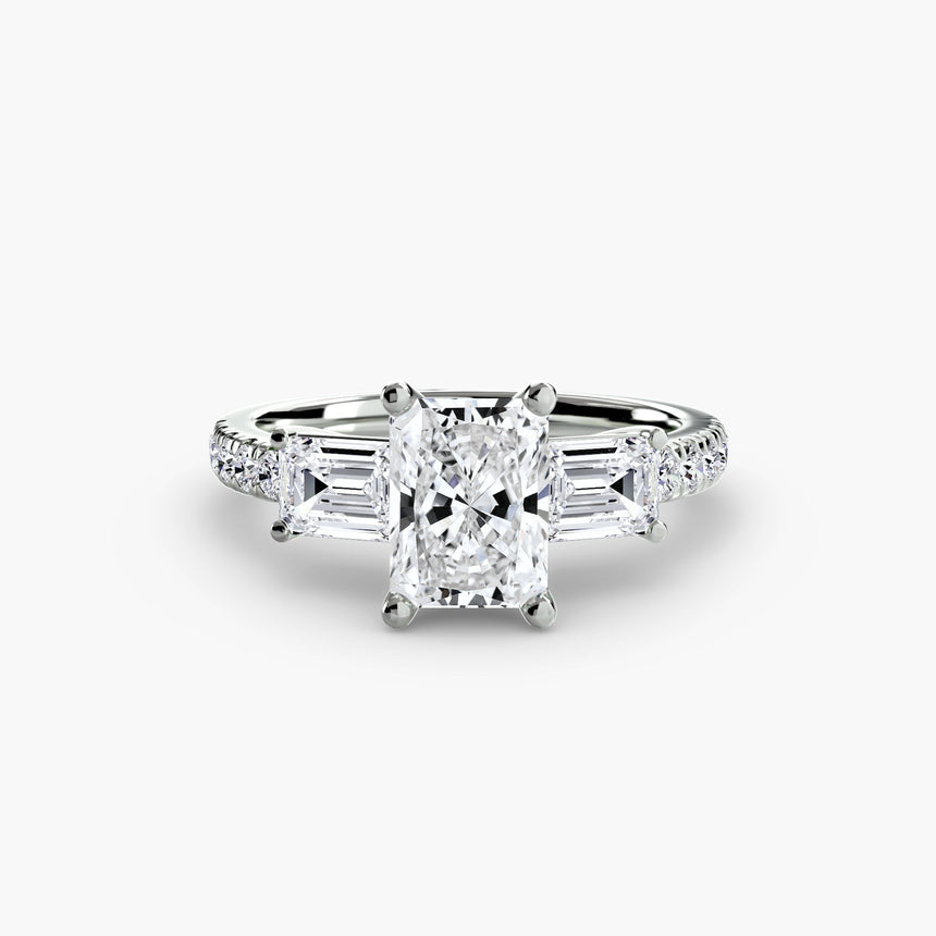 IMPERIAL II Radiant Cut Three-Stone Pavé Ring Setting in White Gold | SARATTI