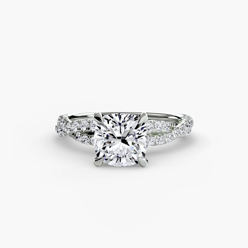 INFINITIÉ – Cushion Cut Twisted Pavé Solitaire Ring Setting – White Gold view | SARATTI
