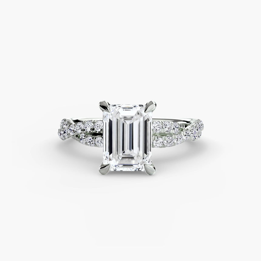 INFINITIÉ Emerald Cut twisted pavé solitaire ring setting in White Gold | SARATTI