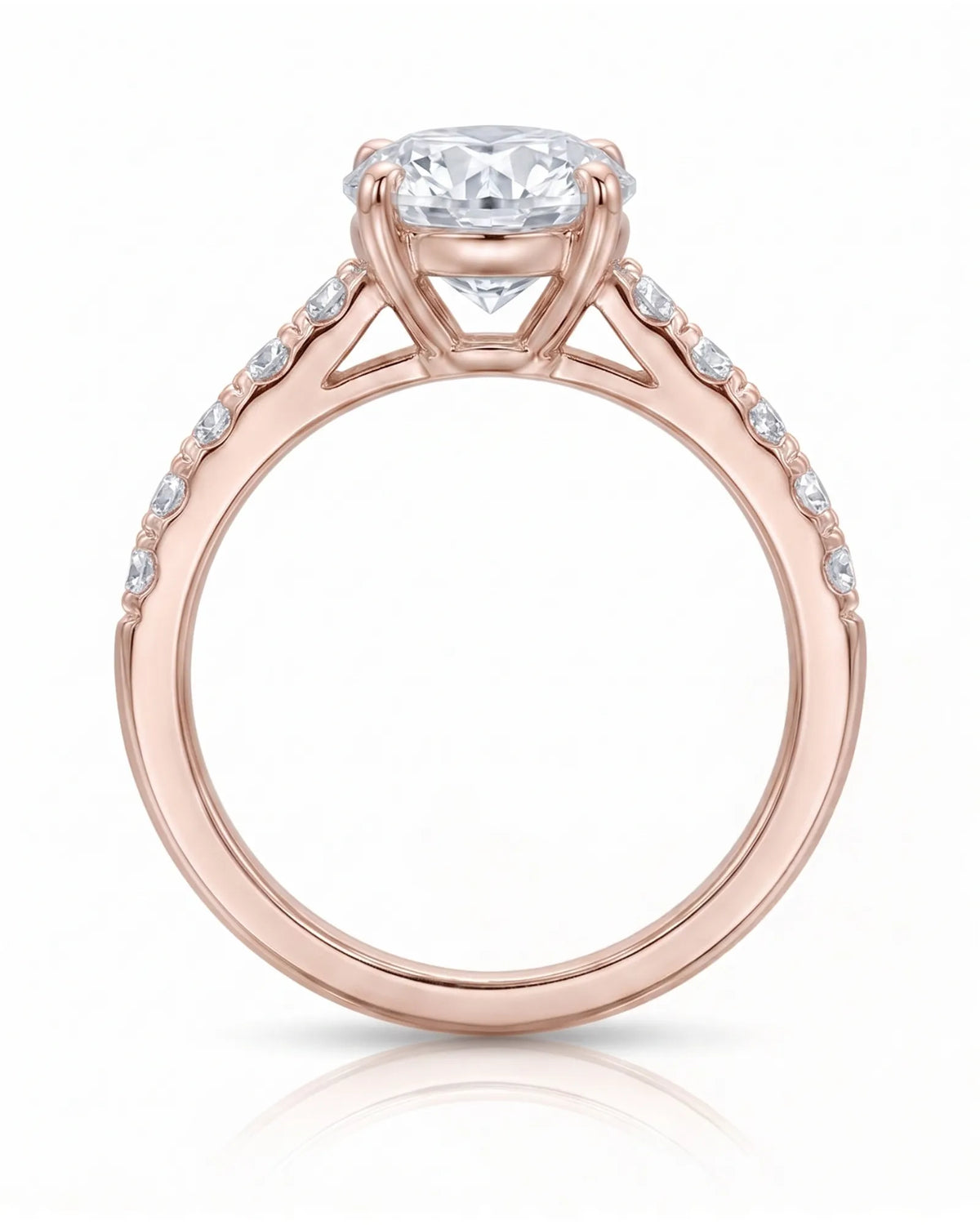 Jelena 1 carat F-colour oval natural diamond pavé solitaire ring in 18K rose gold, side profile showing raised open gallery | SARATTI