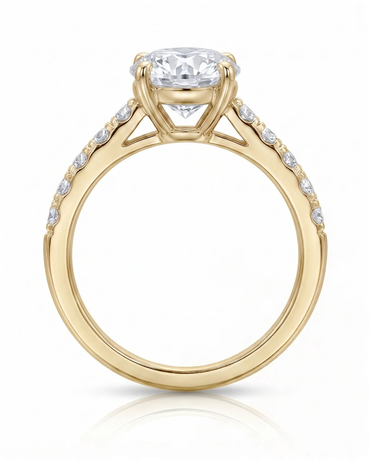 Jelena 1 carat F-colour oval natural diamond pavé solitaire ring in 18K yellow gold, side profile showing raised open gallery | SARATTI