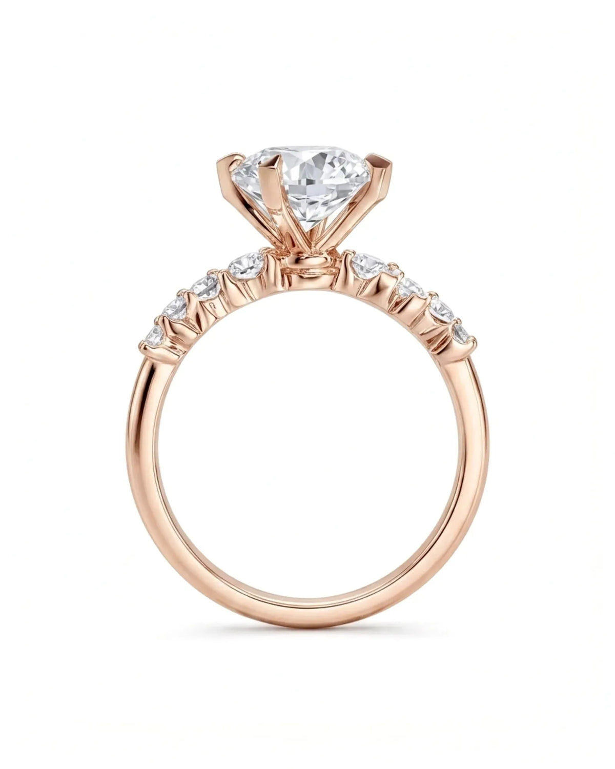 Joan 1 carat round natural diamond six-prong engagement ring in 18K rose gold, side profile | SARATTI