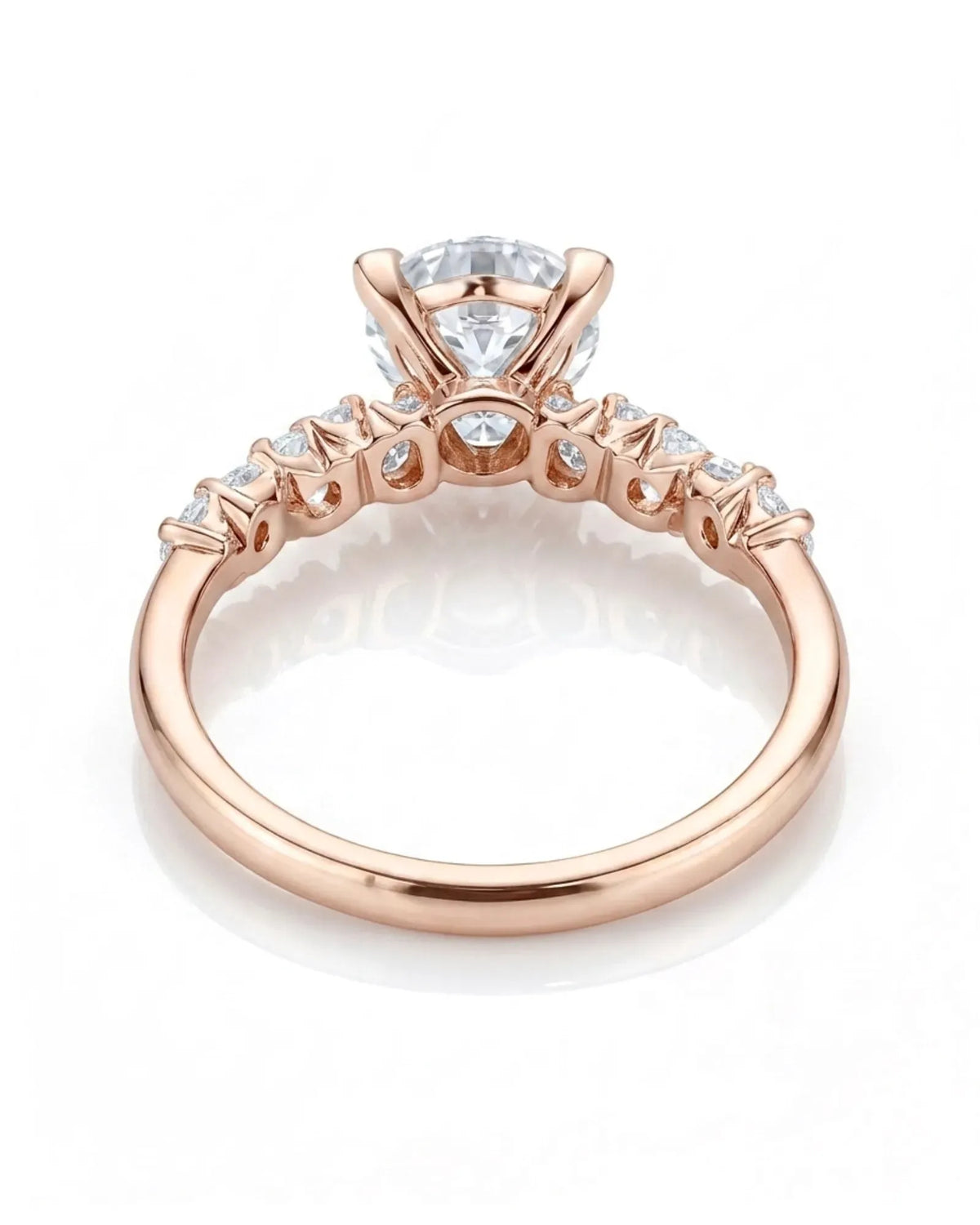 Joan 1 carat round natural diamond six-prong engagement ring in 18K rose gold, underside and open gallery view | SARATTI