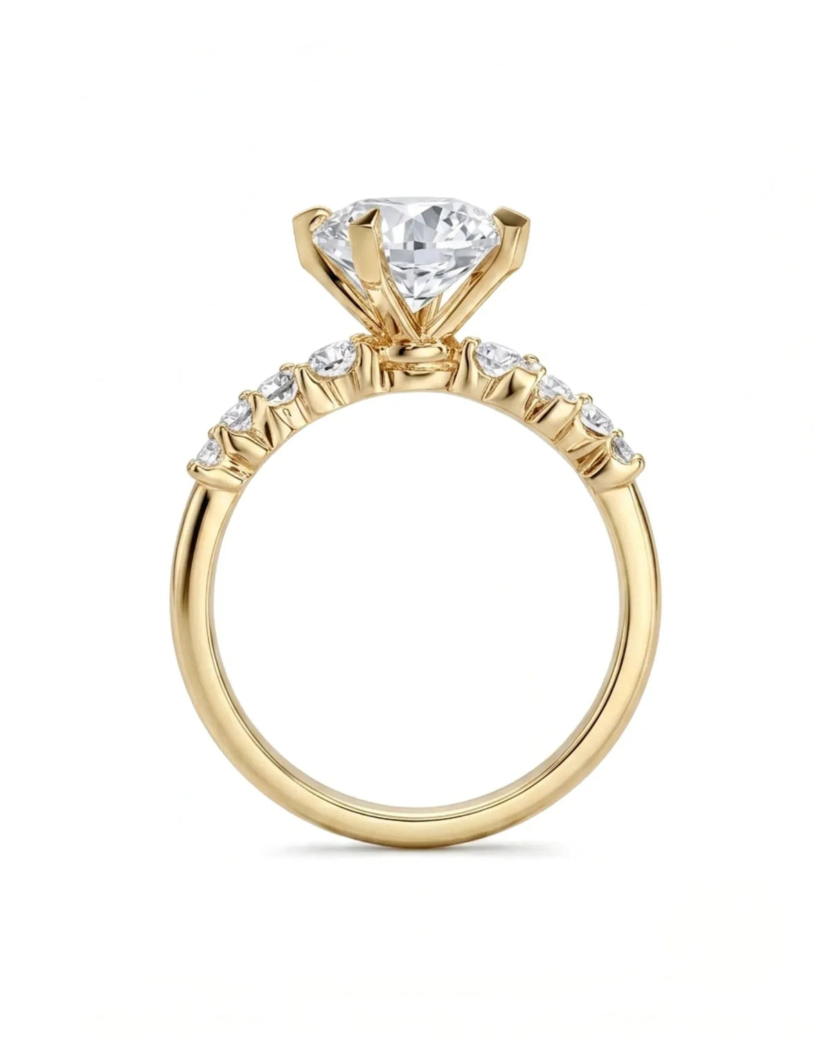 Joan 1 carat round natural diamond six-prong engagement ring in 18K yellow gold, side profile | SARATTI