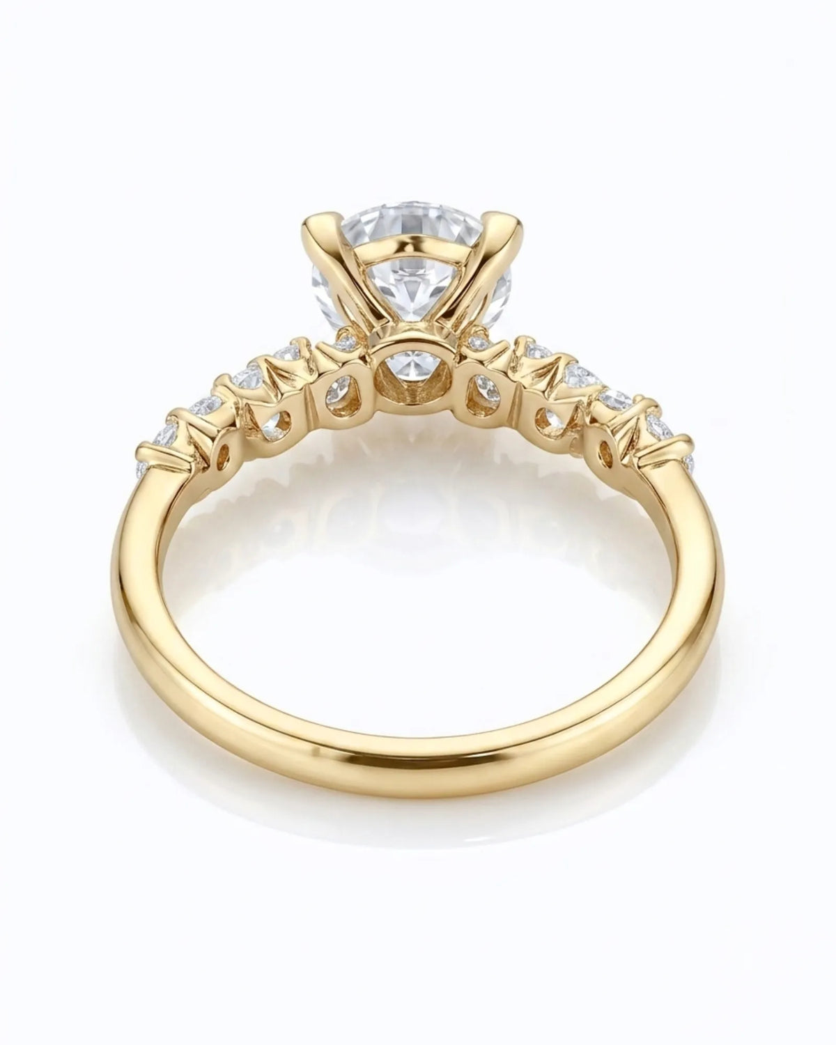 Joan 1 carat round natural diamond six-prong engagement ring in 18K yellow gold, underside and open gallery view | SARATTI