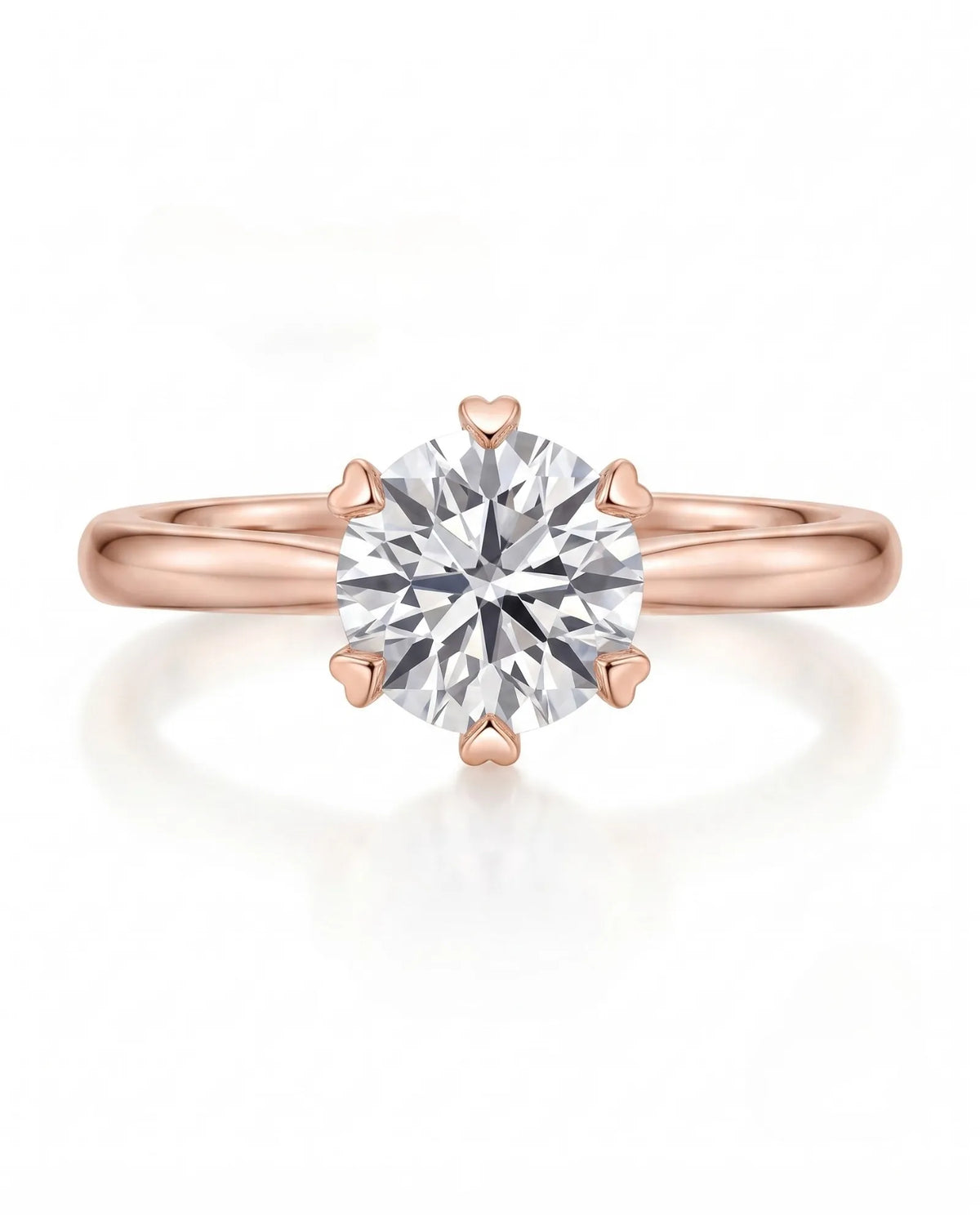 KATYA 1 carat round natural diamond heart-prong solitaire ring in 18K rose gold, front view of six heart-shaped prongs | SARATTI
