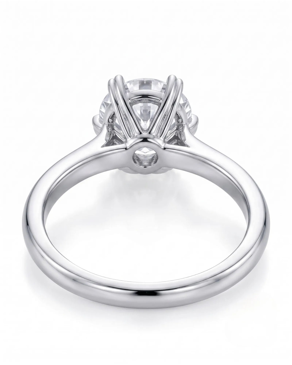 KATYA 1 carat round natural diamond heart-prong solitaire ring in 18K white gold, underside view of heart-shaped six-prong crown | SARATTI