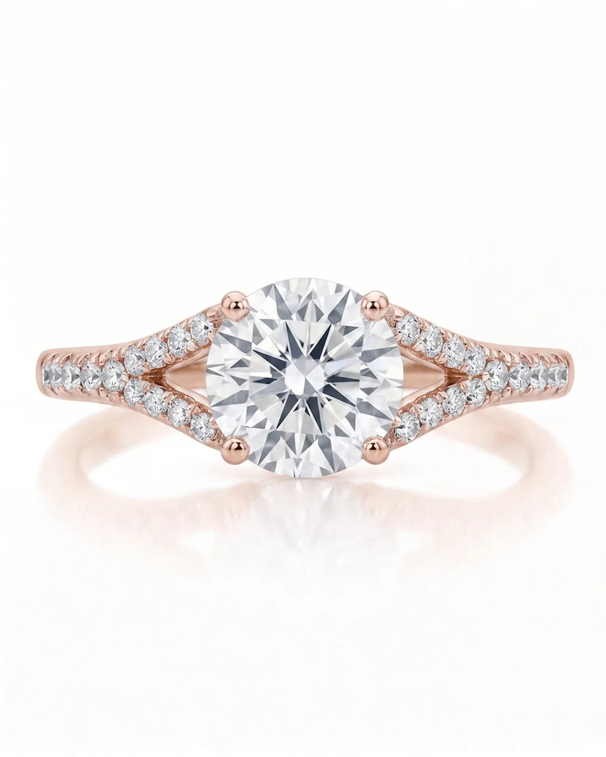 LUCIA 1 carat round natural diamond split-shank engagement ring with pavé shoulders in 18K rose gold, front view | SARATTI