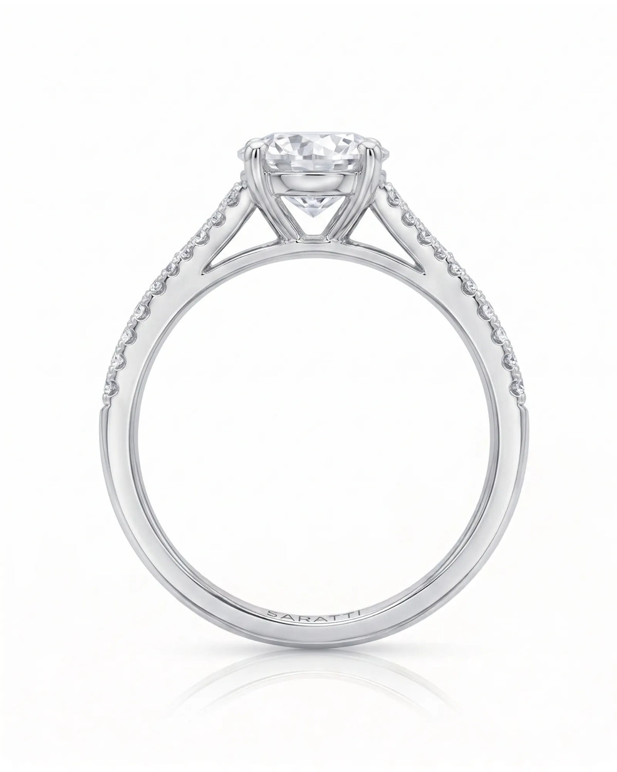 LUCIA 1 carat round natural diamond split-shank engagement ring with pavé shoulders in 18K white gold, side profile showing four-prong crown and open gallery | SARATTI