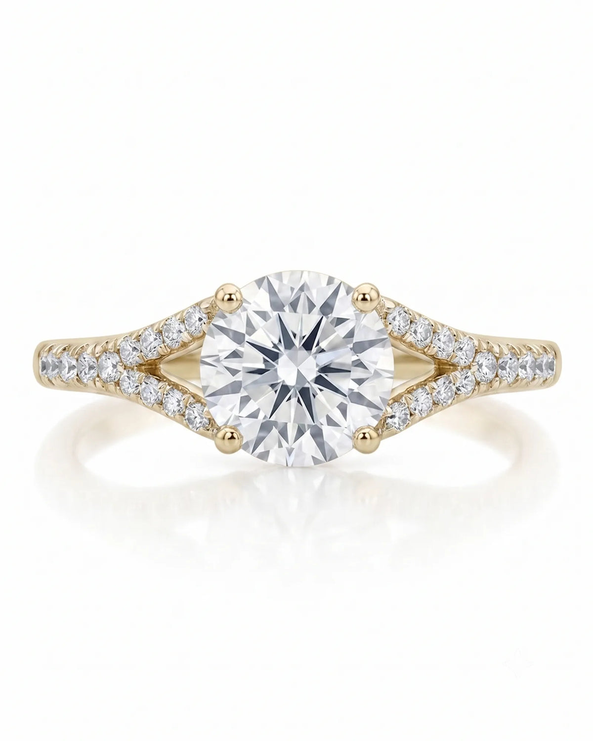 LUCIA 1 carat round natural diamond split-shank engagement ring with pavé shoulders in 18K yellow gold, front view | SARATTI