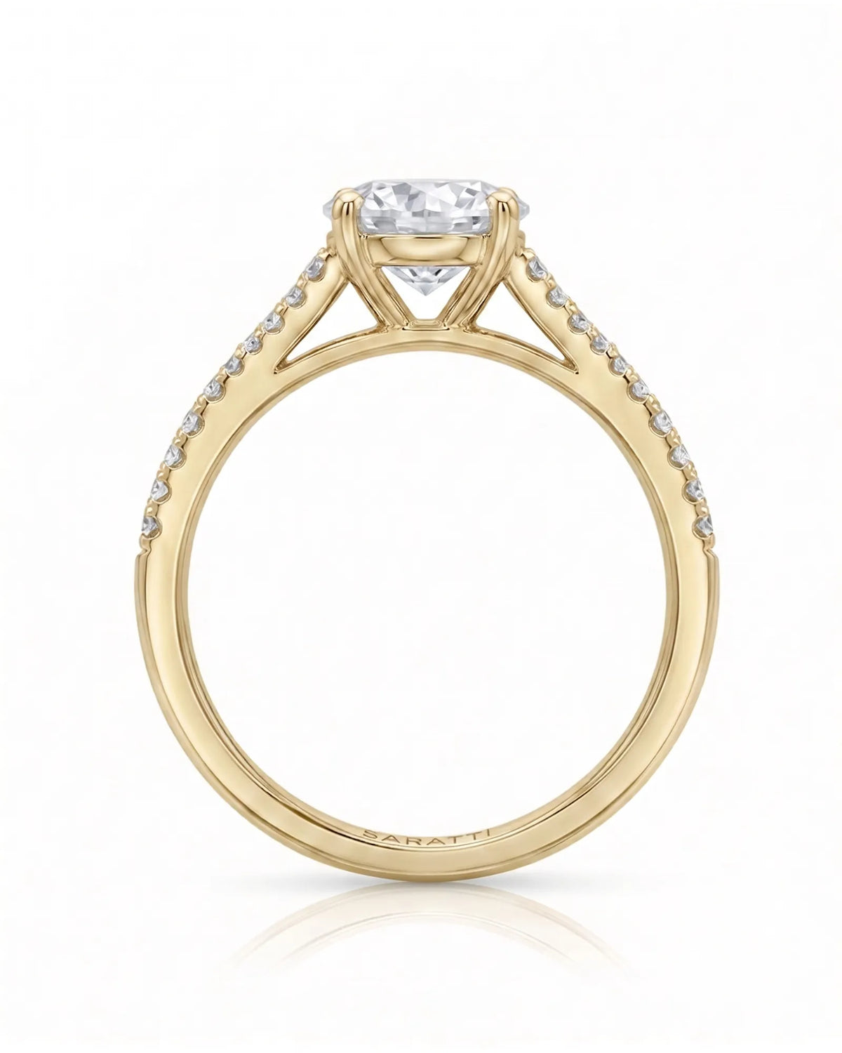 LUCIA 1 carat round natural diamond split-shank engagement ring with pavé shoulders in 18K yellow gold, side profile showing four-prong crown and open gallery | SARATTI