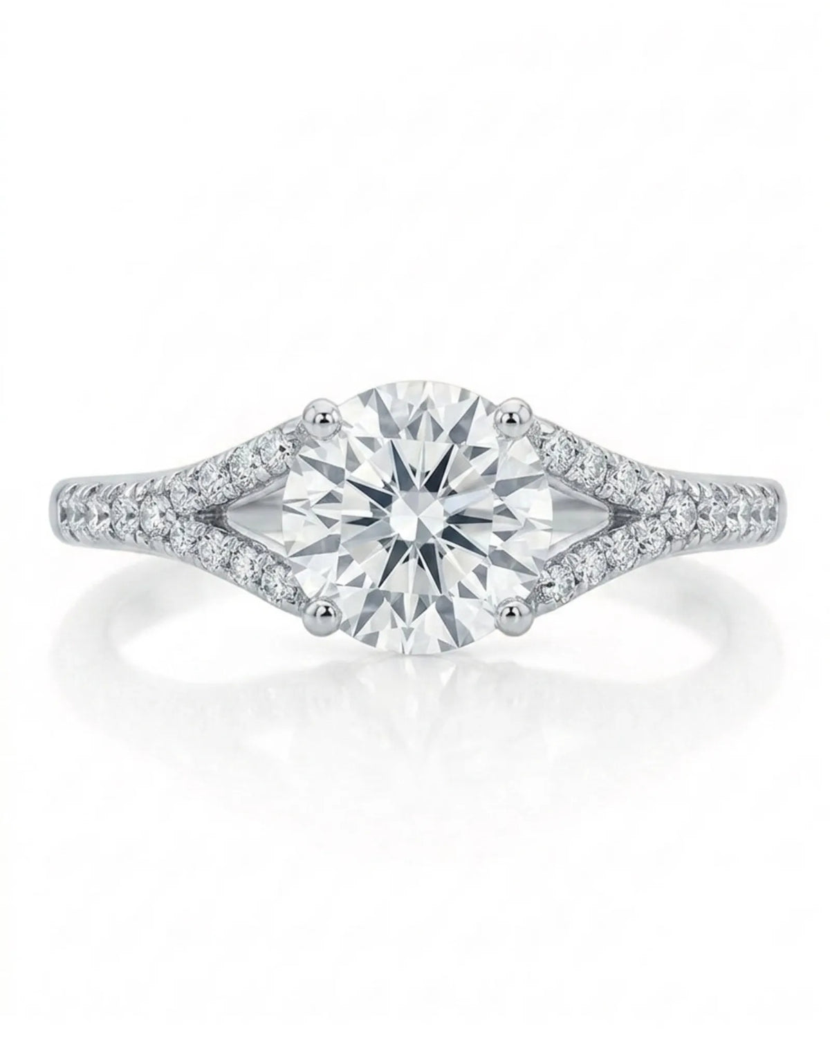 LUCIA 1 carat round natural diamond split-shank engagement ring with pavé shoulders in platinum, front view | SARATTI