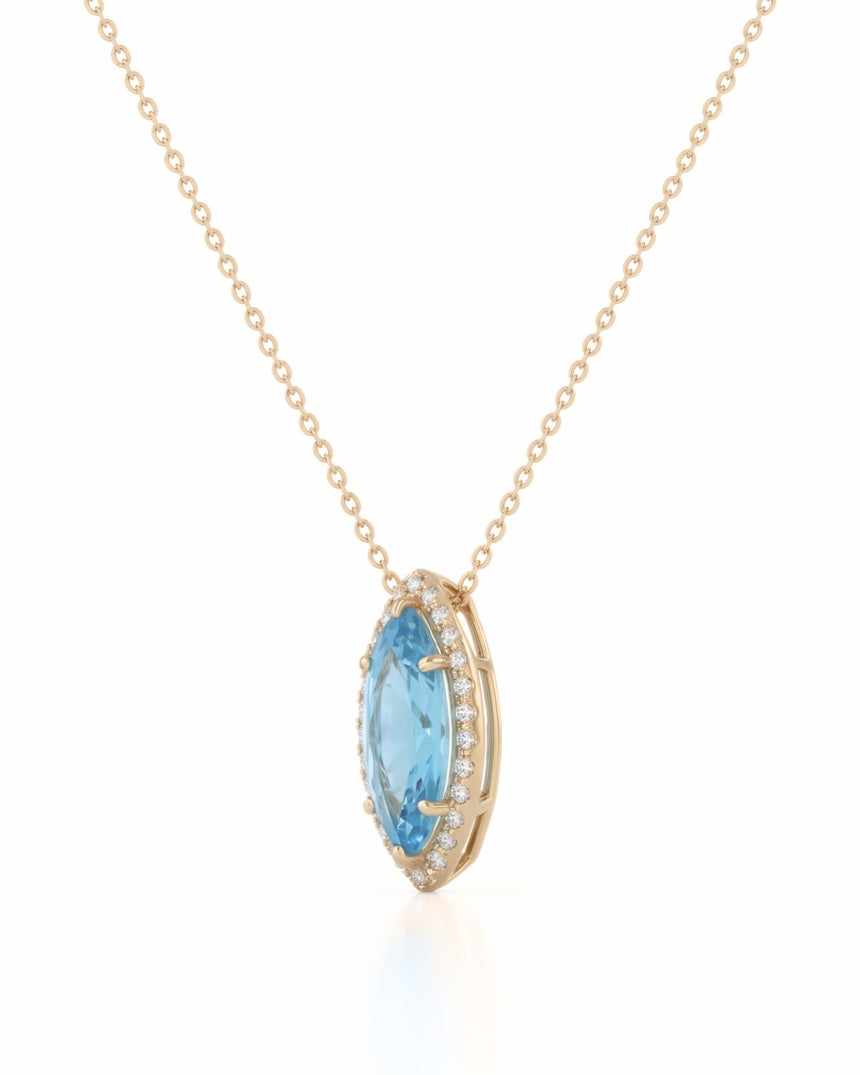 LUMÉA marquise cut Aquamarine diamond halo pendant necklace in Yellow Gold, side profile | SARATTI