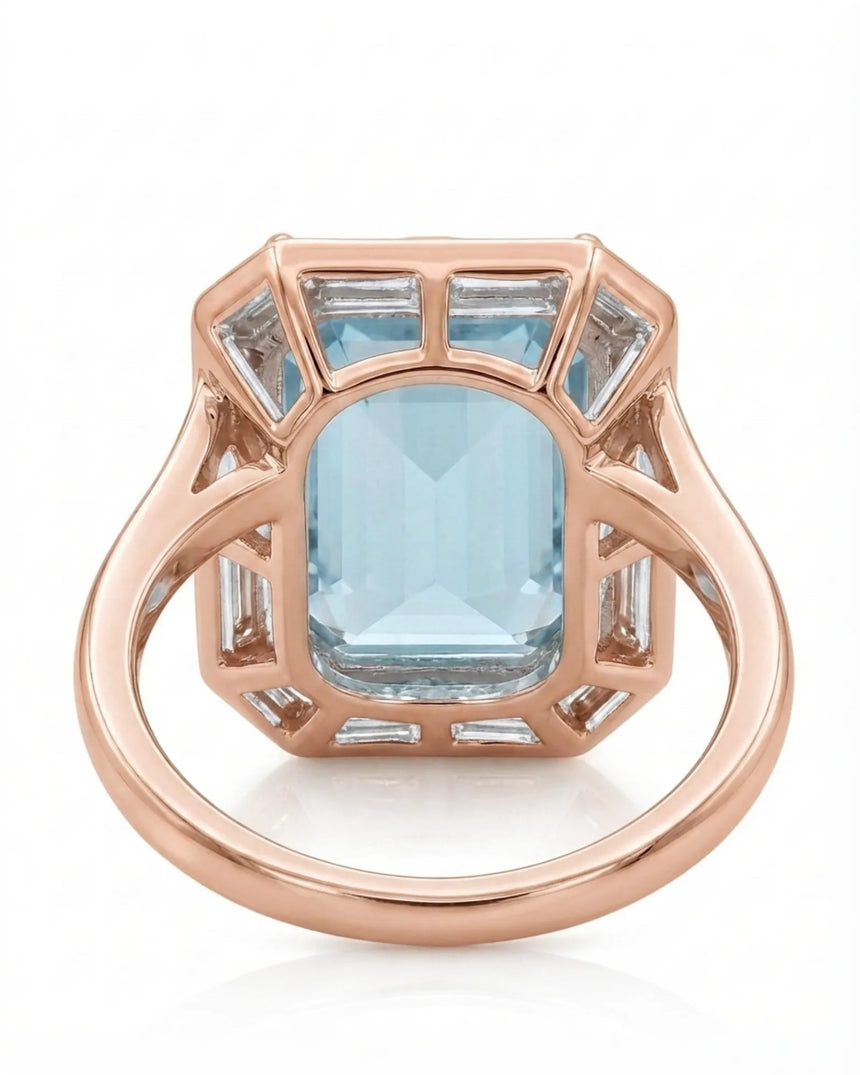 Lumière Octave emerald-cut Aquamarine ring setting in rose gold, underside showing open octagonal gallery and supported crown | SARATTI