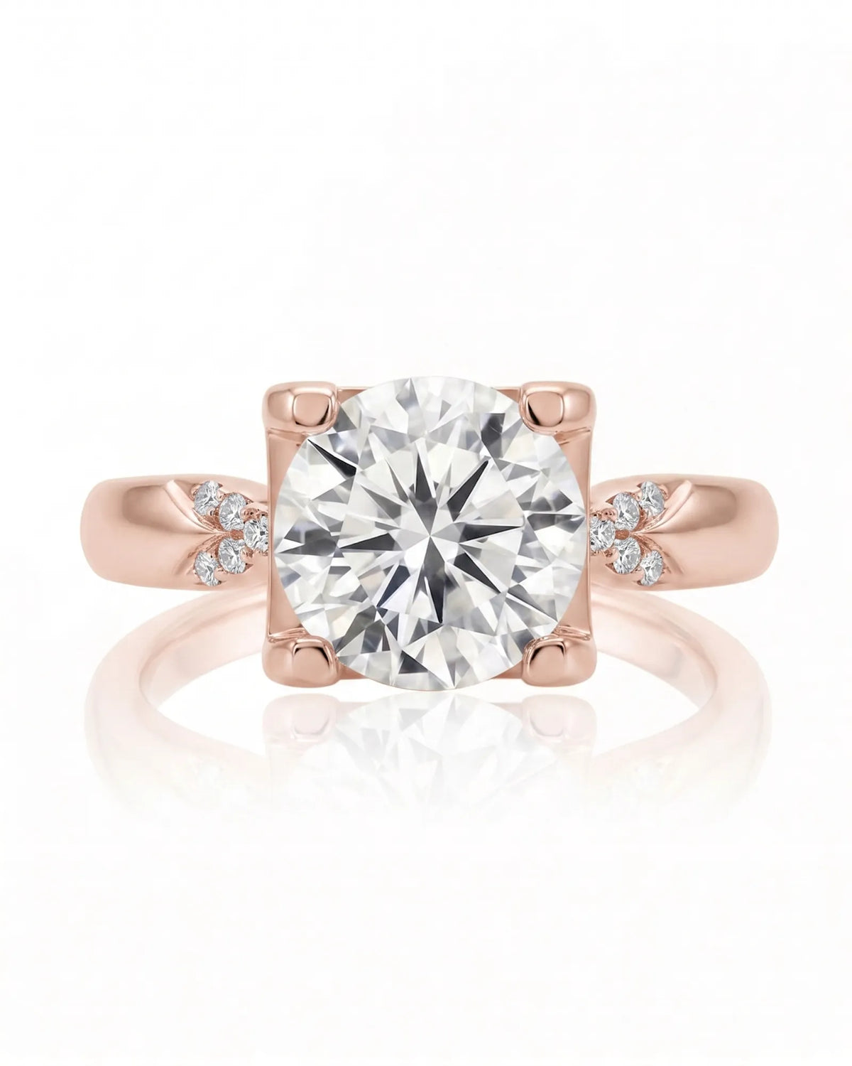 LUNA 1 carat round natural diamond four-prong engagement ring with natural diamond shoulders in 18K rose gold, front view | SARATTI