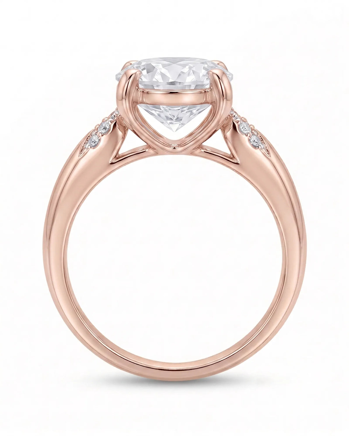 LUNA 1 carat round natural diamond four-prong engagement ring with natural diamond shoulders in 18K rose gold, side profile showing open heart gallery | SARATTI