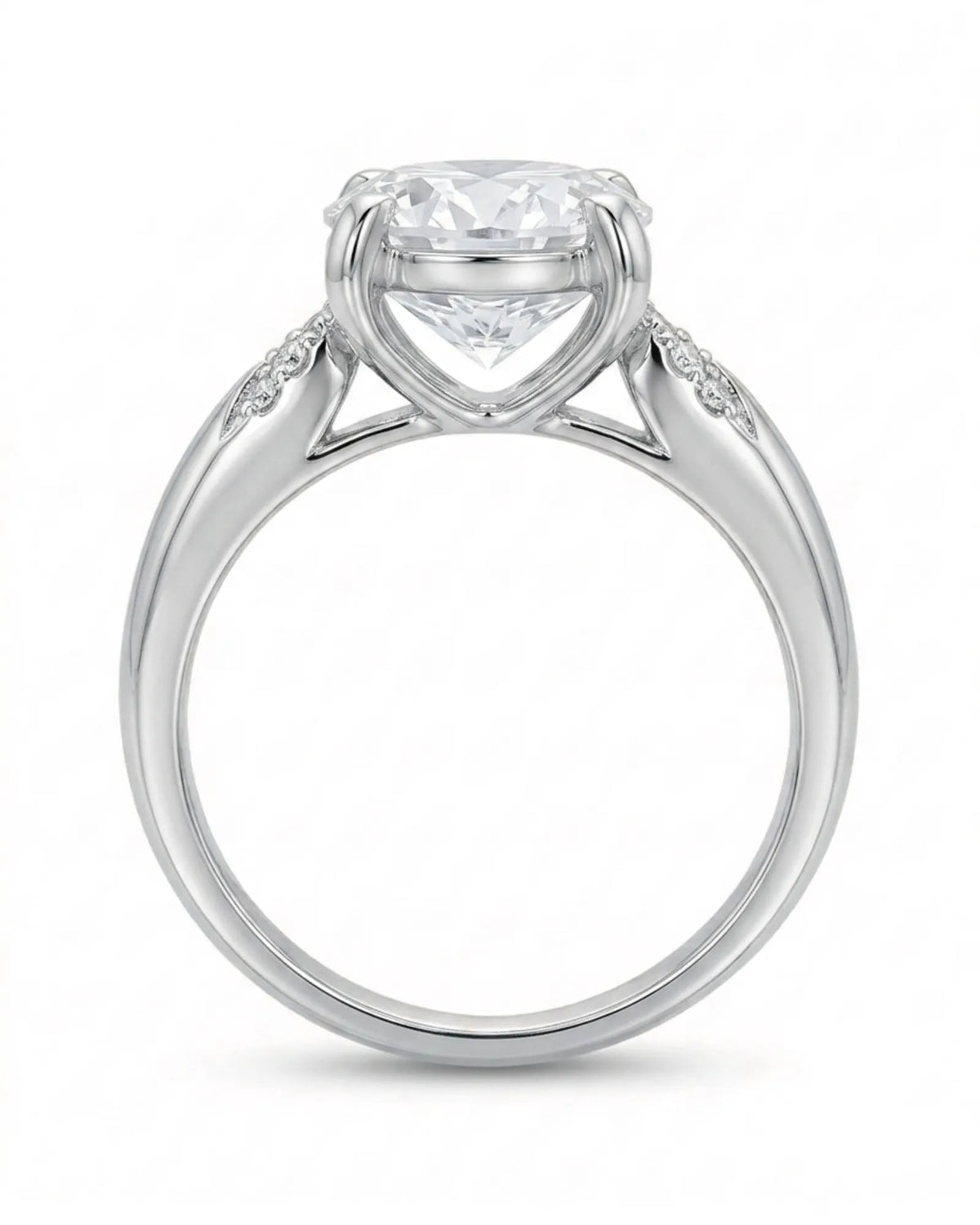 LUNA 1 carat round natural diamond four-prong engagement ring with natural diamond shoulders in 18K white gold, side profile showing open heart gallery | SARATTI