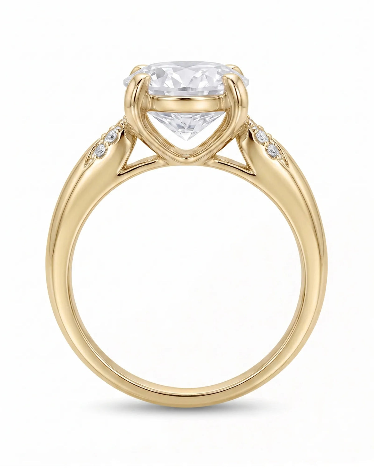 LUNA 1 carat round natural diamond four-prong engagement ring with natural diamond shoulders in 18K yellow gold, side profile showing open heart gallery | SARATTI