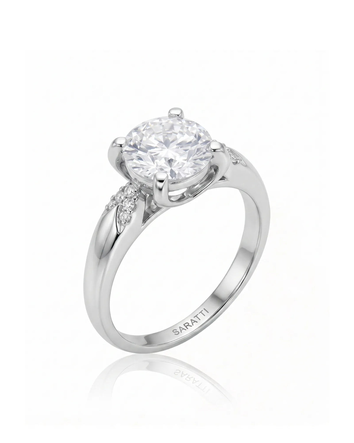 LUNA 1 carat round natural diamond four-prong engagement ring with natural diamond shoulders in platinum, 45-degree view | SARATTI
