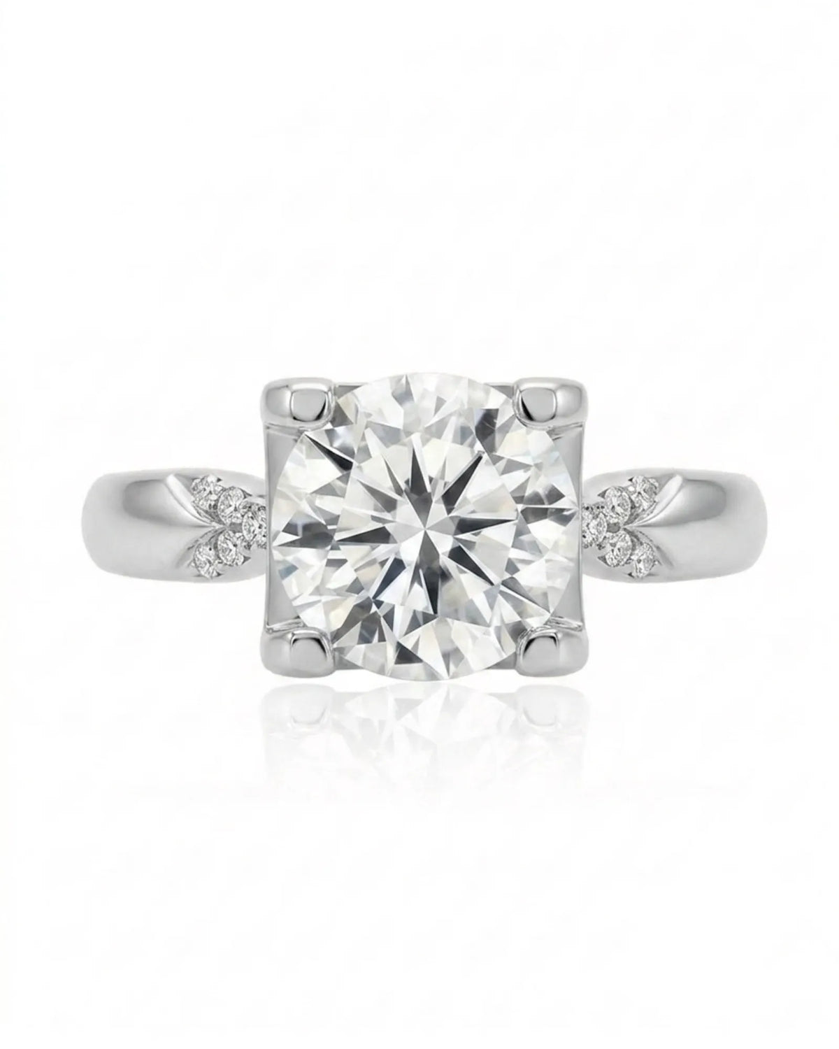 LUNA 1 carat round natural diamond four-prong engagement ring with natural diamond shoulders in platinum, front view | SARATTI