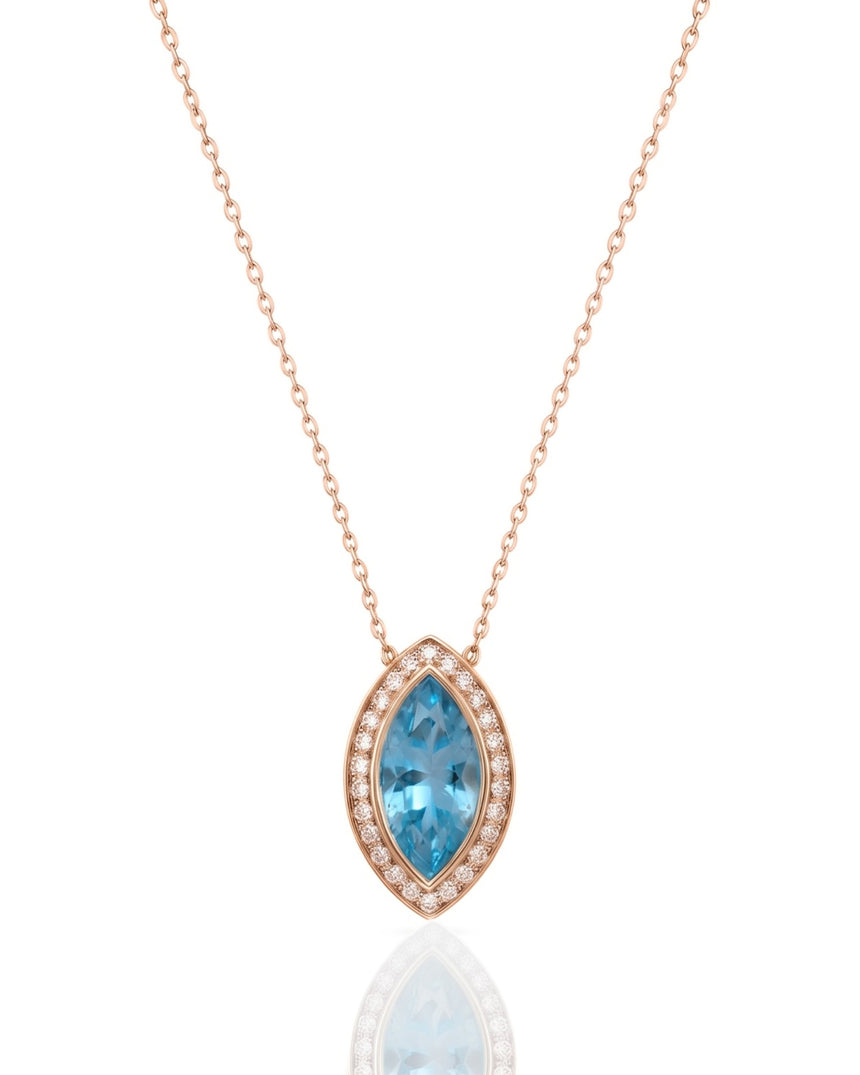 LUMÉA marquise cut Aquamarine diamond halo pendant necklace in White Gold, main view | SARATTI