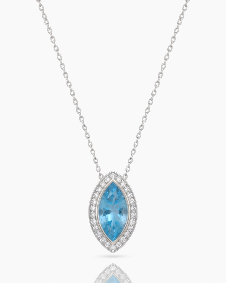 LUMÉA marquise cut Aquamarine diamond halo pendant necklace in Yellow Gold, main view | SARATTI