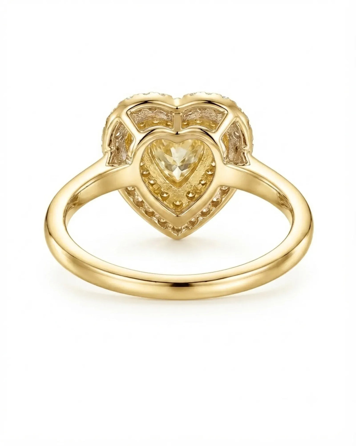 Maureen pear-shaped natural yellow diamond double halo ring in yellow gold, rear crown view | SARATTI