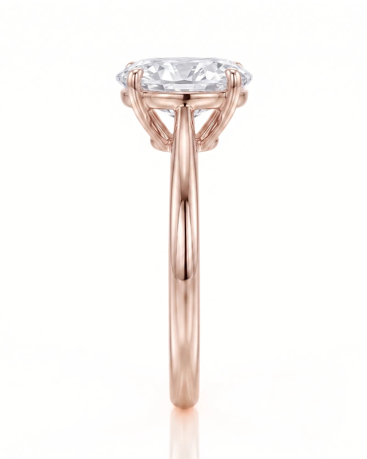 MIA 1 carat F-colour oval natural diamond cathedral solitaire ring in 18K rose gold, side profile showing open cathedral gallery | SARATTI