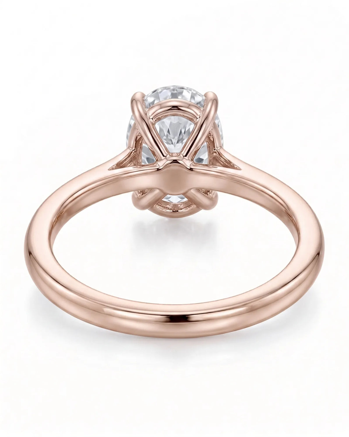 MIA 1 carat F-colour oval natural diamond cathedral solitaire ring in 18K rose gold, underside view of four-prong setting | SARATTI