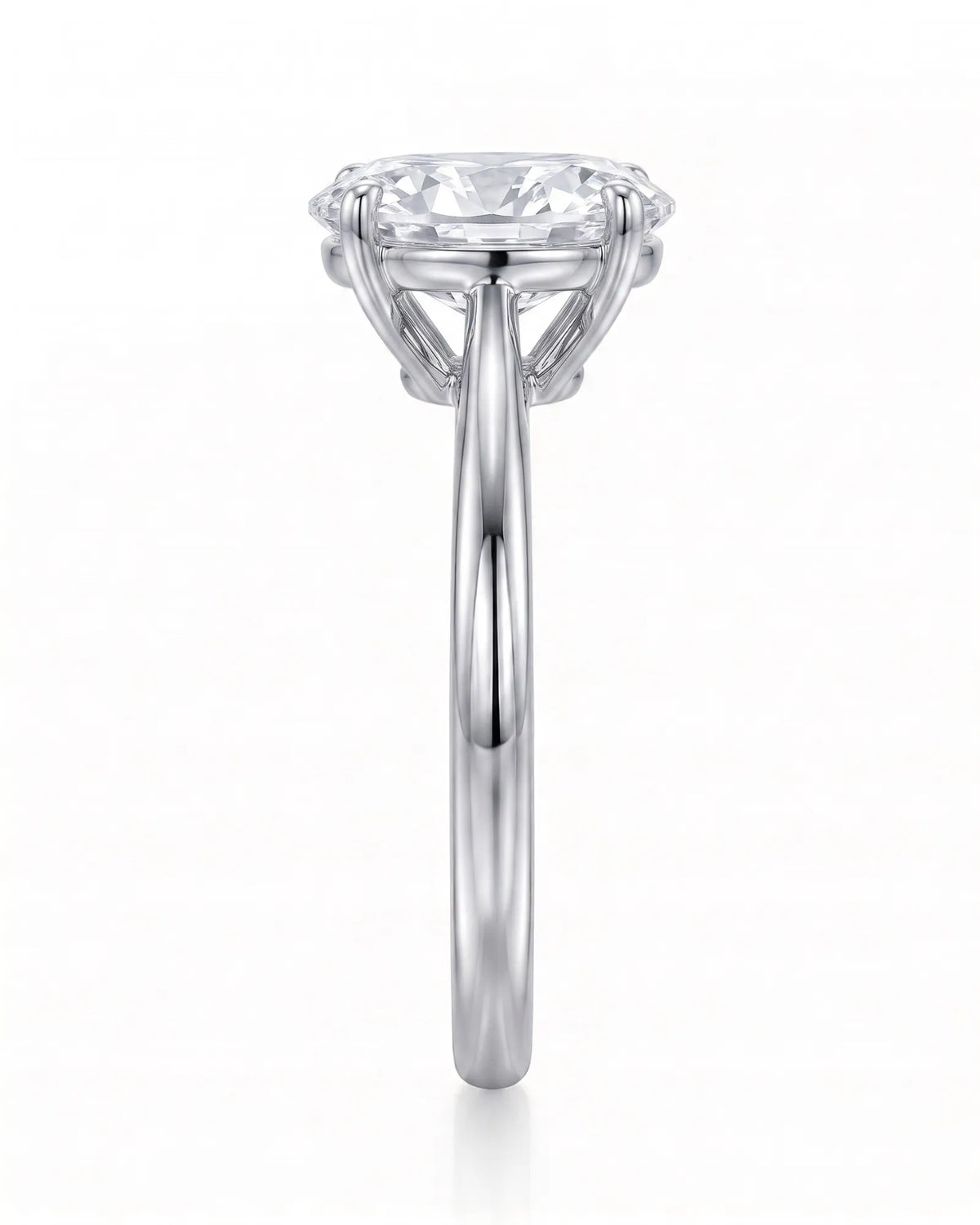 MIA 1 carat F-colour oval natural diamond cathedral solitaire ring in 18K white gold, side profile showing open cathedral gallery | SARATTI