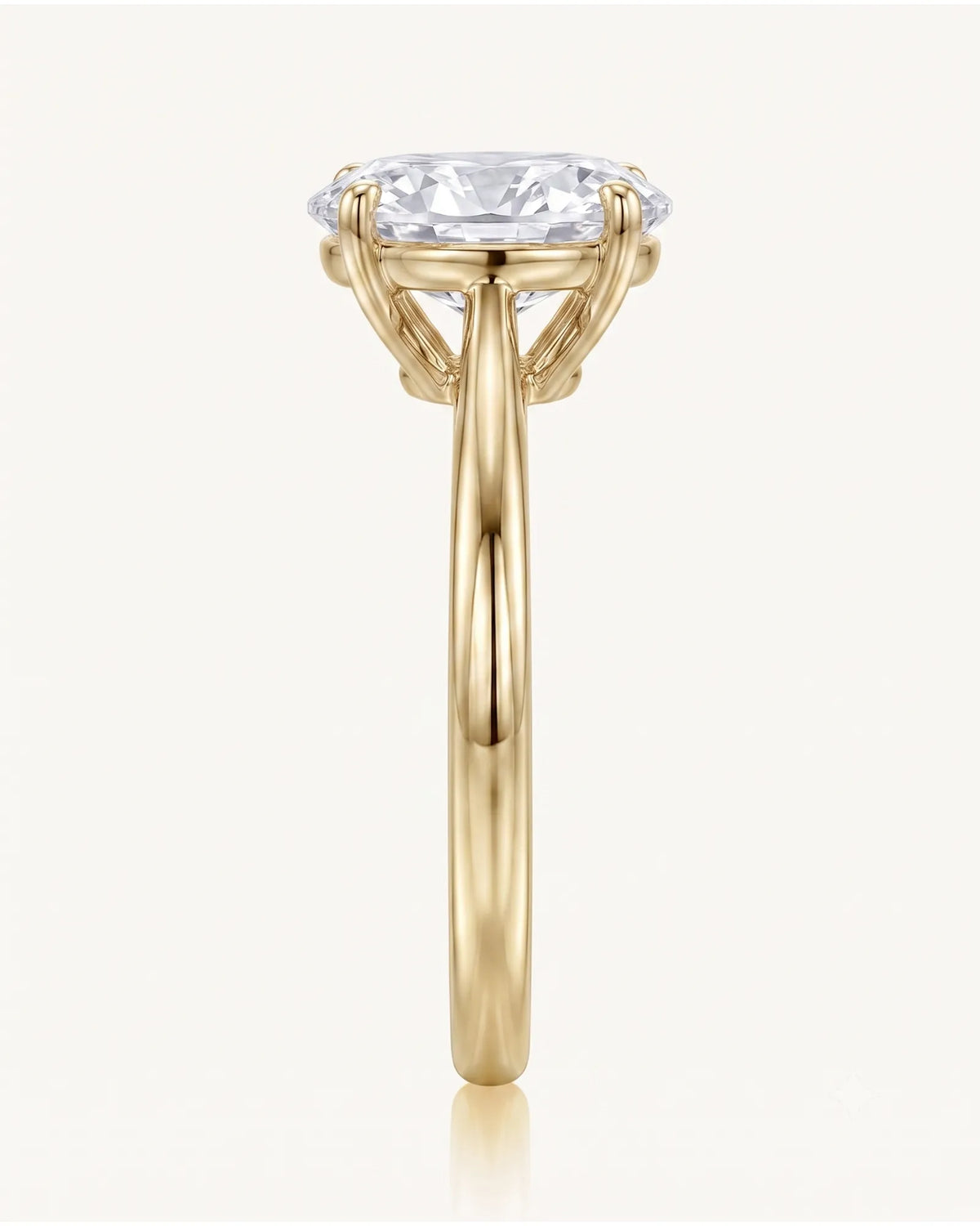 MIA 1 carat F-colour oval natural diamond cathedral solitaire ring in 18K yellow gold, side profile showing open cathedral gallery | SARATTI