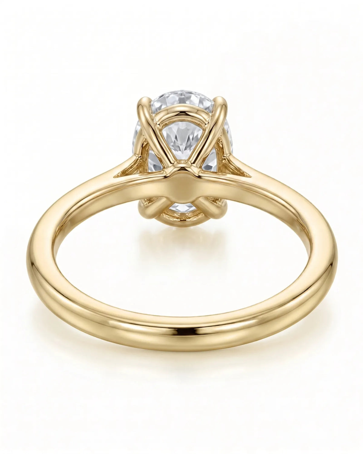 MIA 1 carat F-colour oval natural diamond cathedral solitaire ring in 18K yellow gold, underside view of four-prong setting | SARATTI