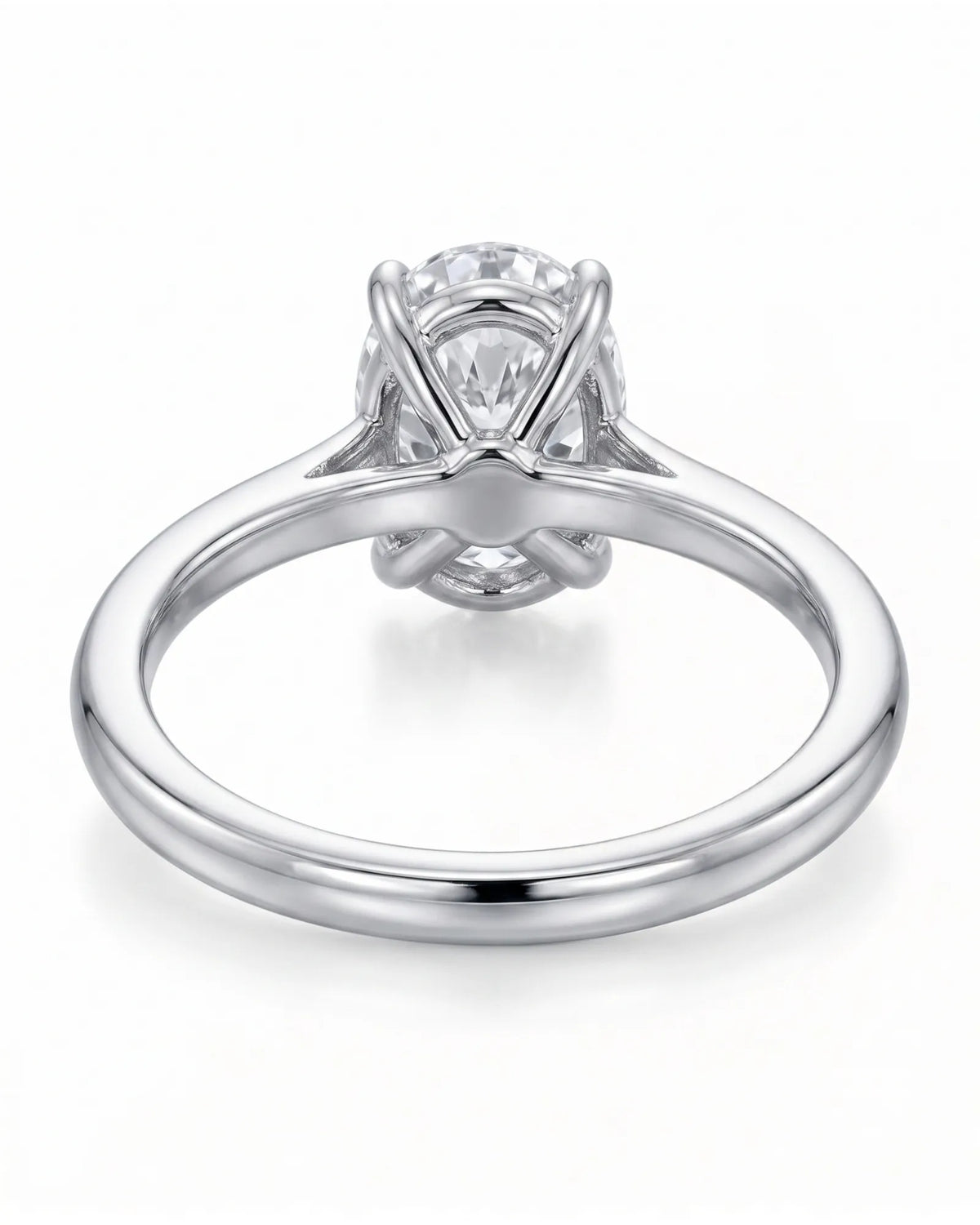 MIA 1 carat F-colour oval natural diamond cathedral solitaire ring in platinum, underside view of four-prong setting | SARATTI