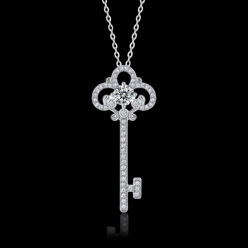 Royal Cipher: Moissanite Antique Key Pendant in Silver