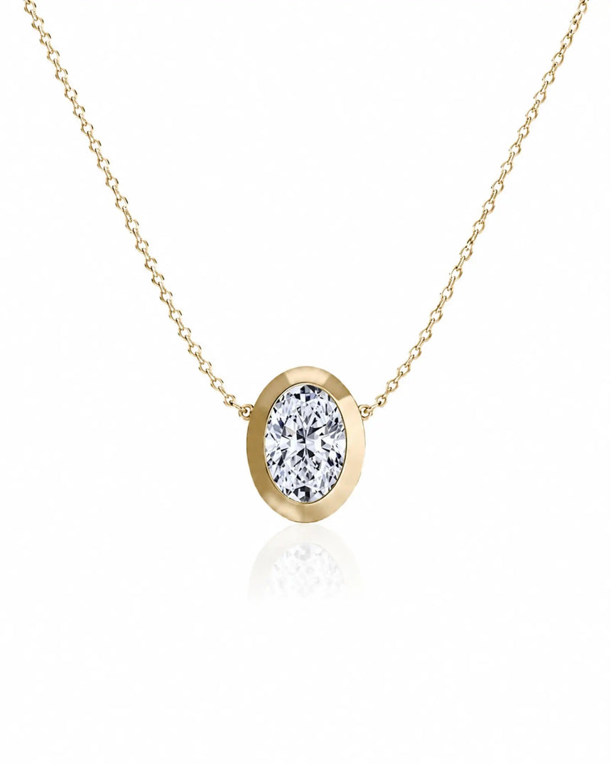 SOLARA Bezel-Set Oval Cut solitaire necklace setting in yellow gold, front view | SARATTI