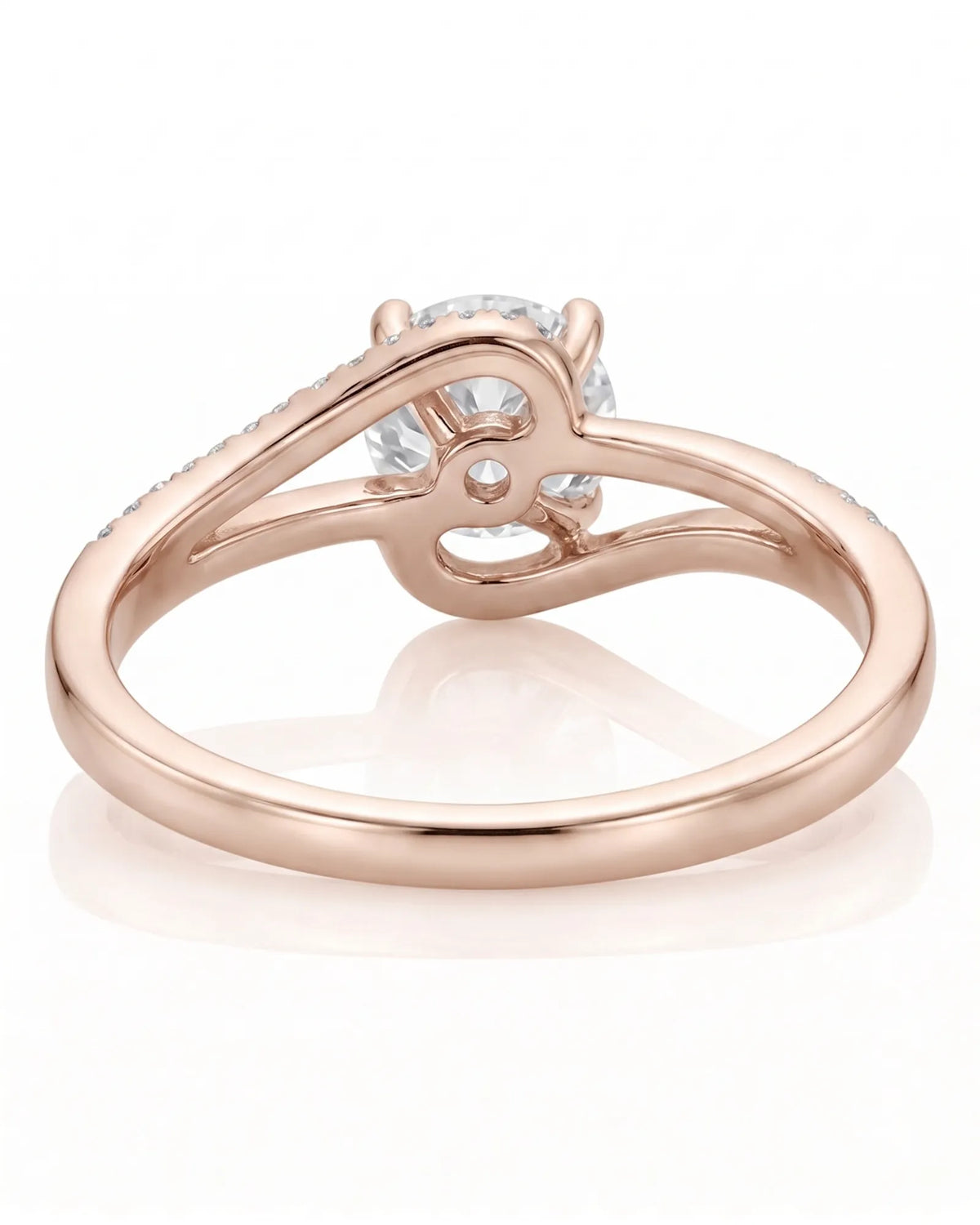 NERA 1 carat round natural diamond bypass split-shank engagement ring in 18K rose gold, underside and sculpted open gallery view | SARATTI